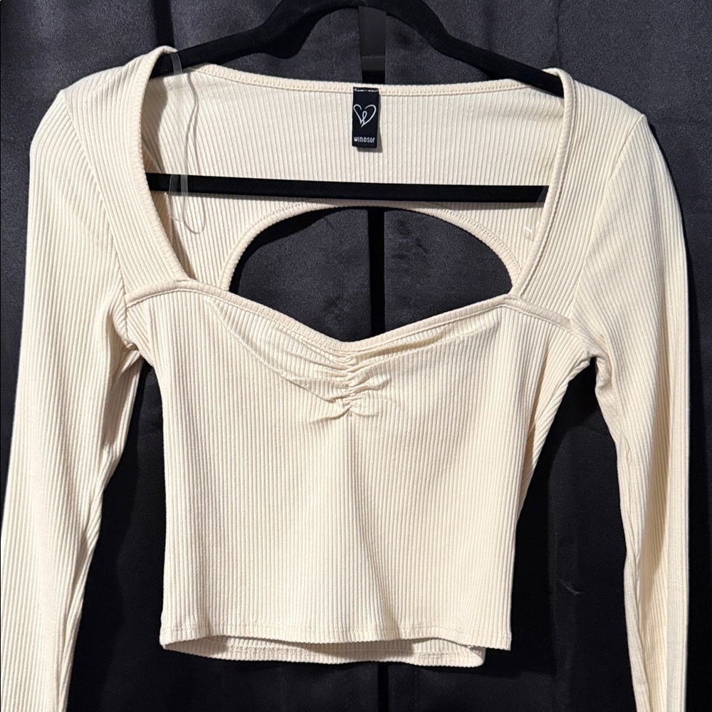 Cream Ribbed Long Sleeve Open Back Top